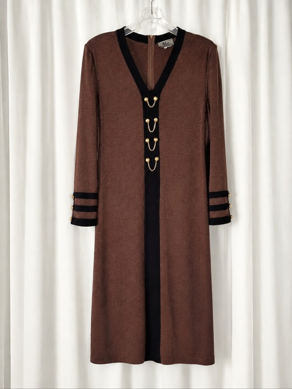 Vintage Mita Krinkle Spun Knit Sweater Dress Brown Black Gold Chain Trim Midi